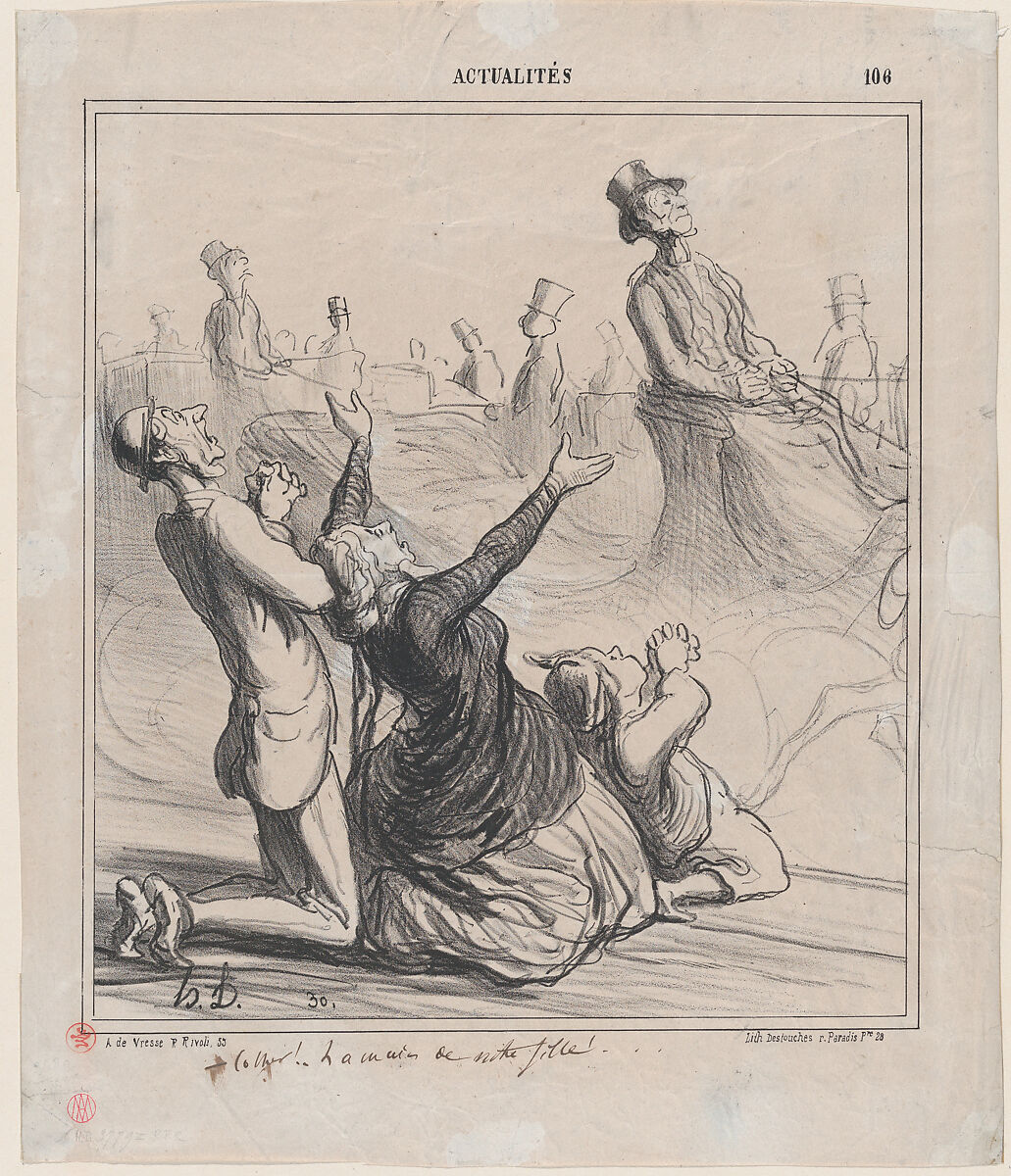 Coachman, for the hand of our daughter!..., from 'News of the day,' published in "Le Charivari", Honoré Daumier (French, Marseilles 1808–1879 Valmondois), Lithograph and pen and brown ink on newsprint; second state of four, proof (Delteil) 