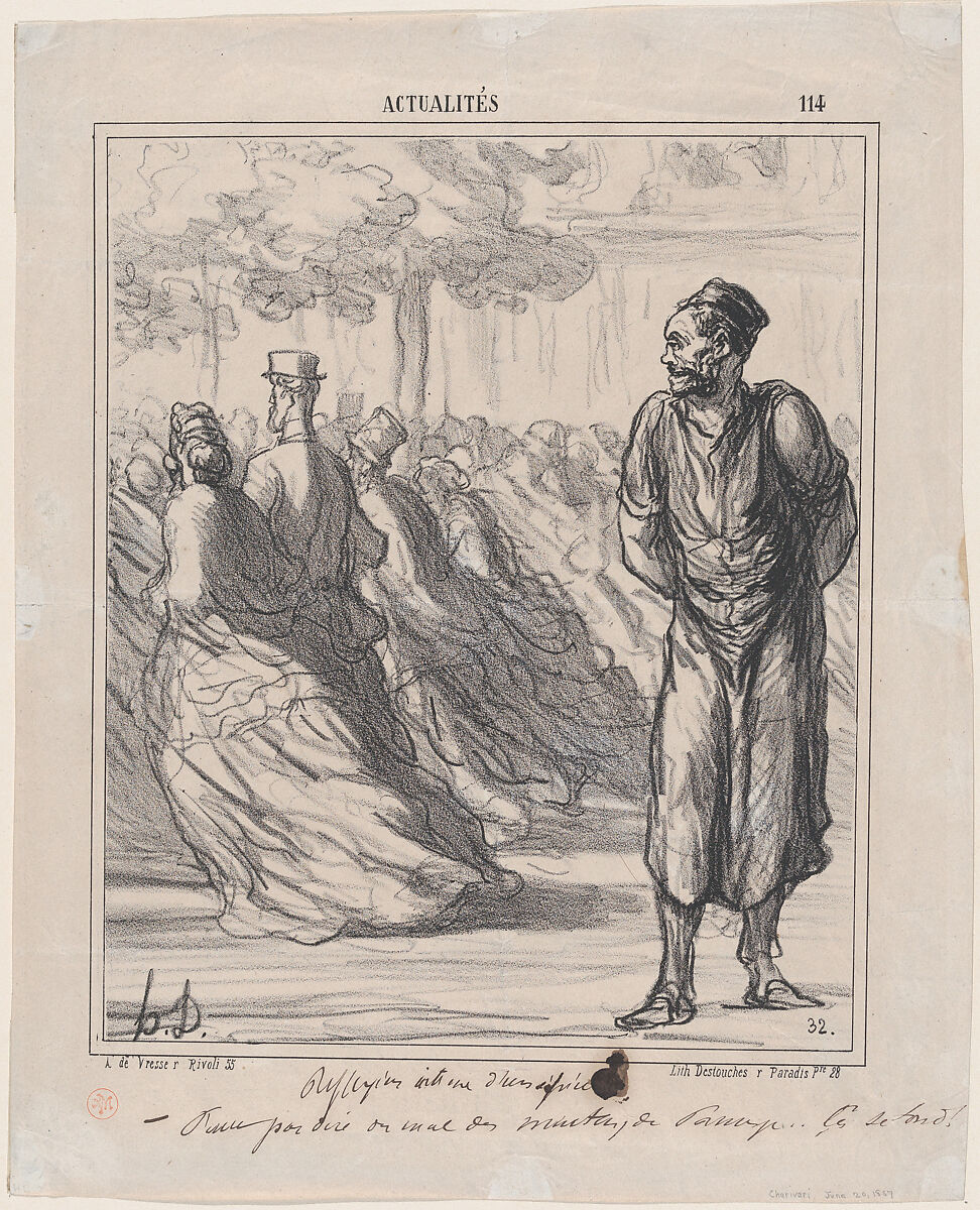 Deep thoughts of a grocer: One really mustn't speak badly of the sheep of Panurge... these here are getting sheared too, from 'News of the day,' published in "Le Charivari", Honoré Daumier (French, Marseilles 1808–1879 Valmondois), Lithograph and pen and brown ink on newsprint; second state of three, proof (Delteil) 
