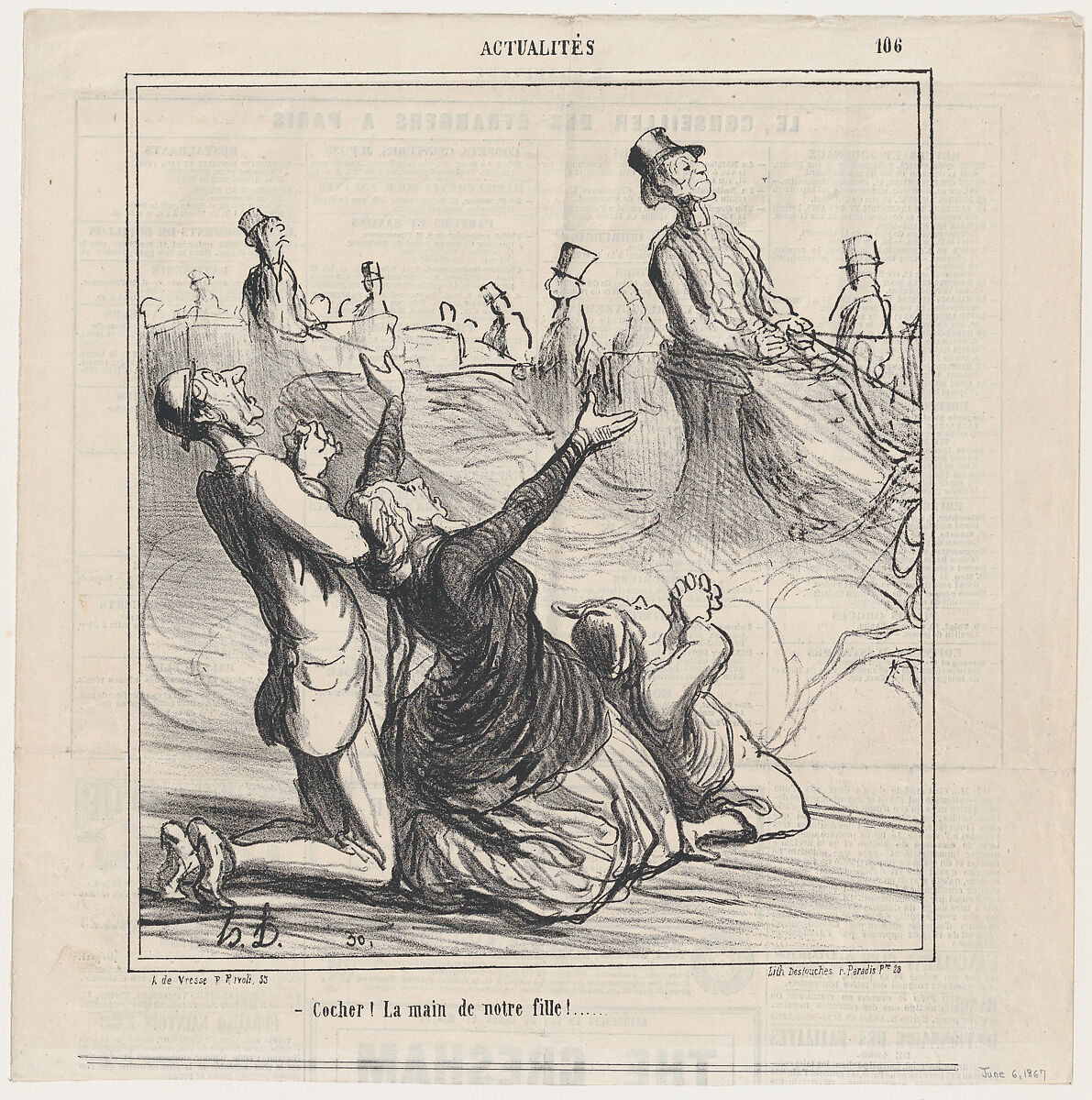 Coachman, for the hand of our daughter!..., from 'News of the day,' published in Le Charivari, June 6, 1867, Honoré Daumier (French, Marseilles 1808–1879 Valmondois), Lithograph on newsprint; fourth state of four (Delteil) 