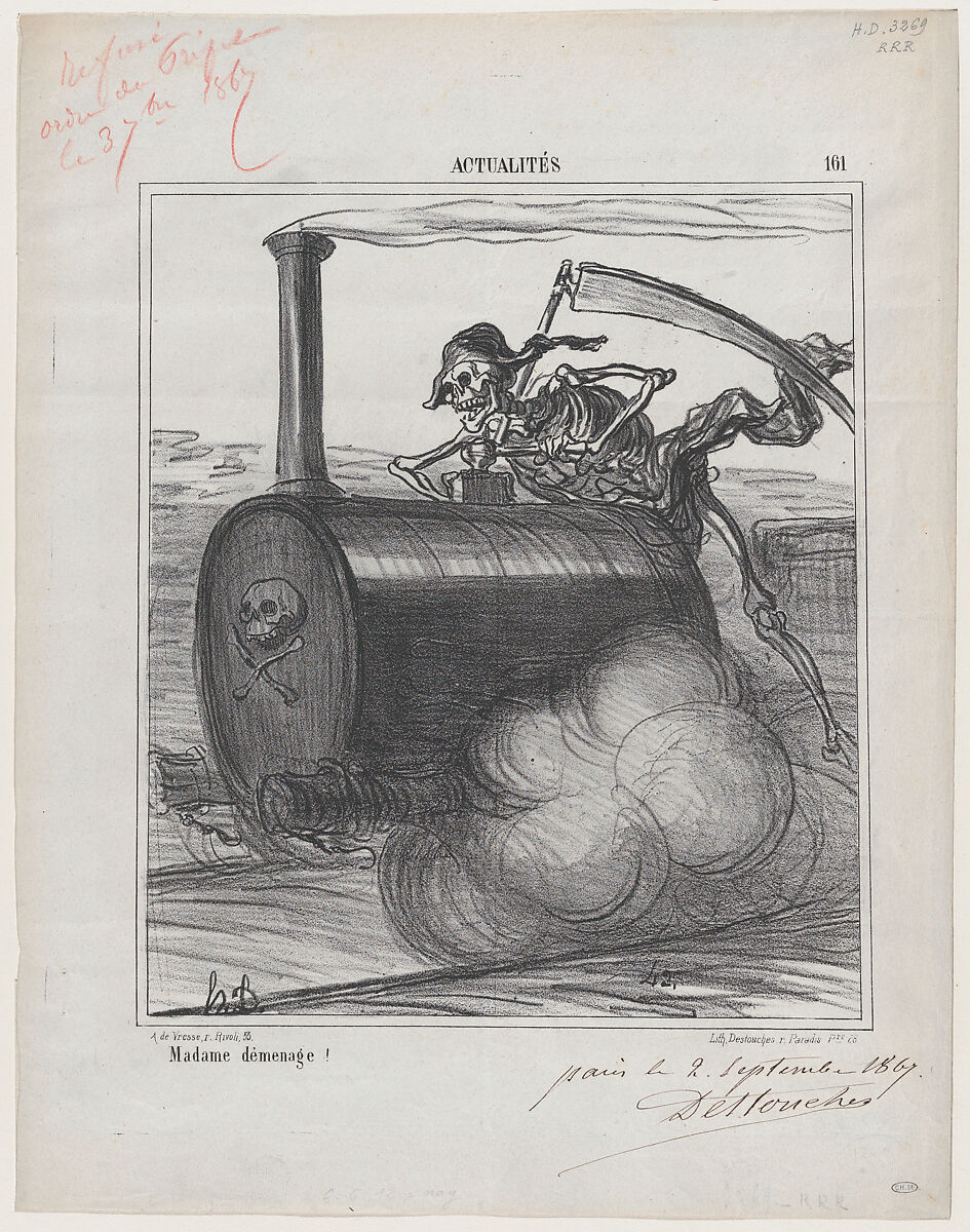Madame is moving, from 'News of the day', Honoré Daumier (French, Marseilles 1808–1879 Valmondois), Lithograph, pen and brown ink, and red pencil on newsprint; proof 