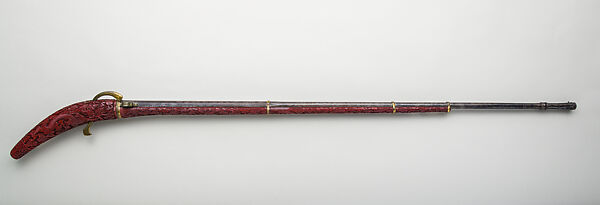 Matchlock Gun with Carved Red Lacquer Stock, Lacquer, wood, gold, silver, copper alloy, iron, Chinese 