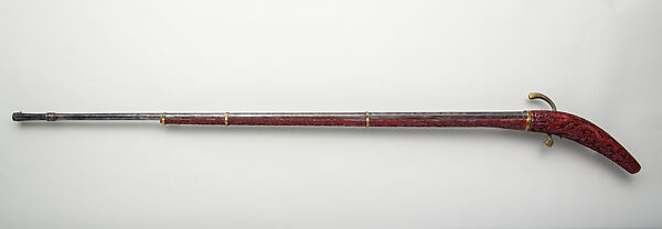Matchlock Gun with Carved Red Lacquer Stock, Lacquer, wood, gold, silver, copper alloy, iron, Chinese