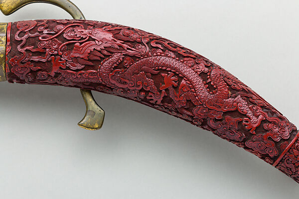Matchlock Gun with Carved Red Lacquer Stock, Lacquer, wood, gold, silver, copper alloy, iron, Chinese