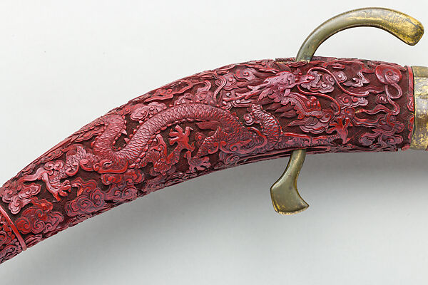 Matchlock Gun with Carved Red Lacquer Stock, Lacquer, wood, gold, silver, copper alloy, iron, Chinese