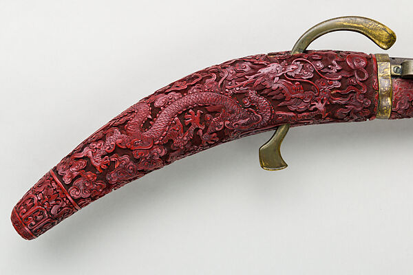 Matchlock Gun with Carved Red Lacquer Stock, Lacquer, wood, gold, silver, copper alloy, iron, Chinese