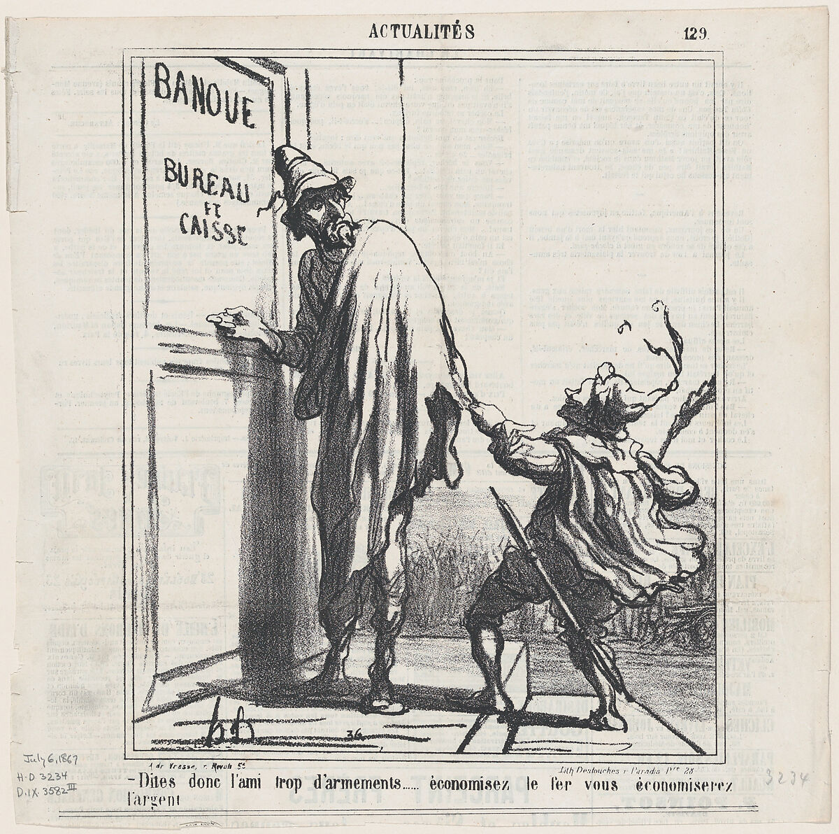 Listen, you friend of rearmament..... if you saved on steel you could also save some money!, from 'News of the day,' published in Le Charivari, July 6, 1867, Honoré Daumier (French, Marseilles 1808–1879 Valmondois), Lithograph on newsprint; third state of three (Delteil) 