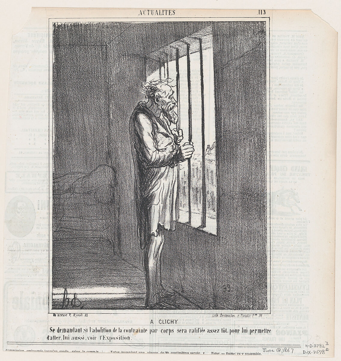 In Clichy: wondering if the repeal of the sentence will be quickly ratified, to allow him to see the exhibition, from 'News of the day,' published in Le Charivari, June 18, 1867, Honoré Daumier (French, Marseilles 1808–1879 Valmondois), Lithograph on newsprint; second state of two (Delteil) 