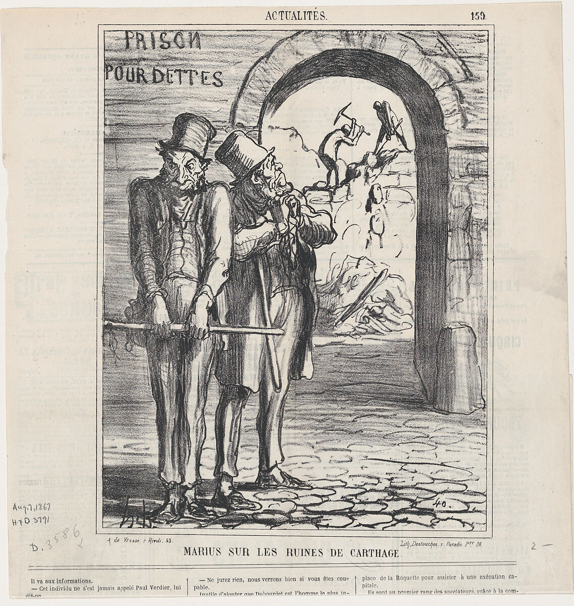 Marius in the ruins of Carthage, from 'News of the day,' published in Le Charivari, August 7, 1867, Honoré Daumier (French, Marseilles 1808–1879 Valmondois), Lithograph on newsprint; second state of two (Delteil) 