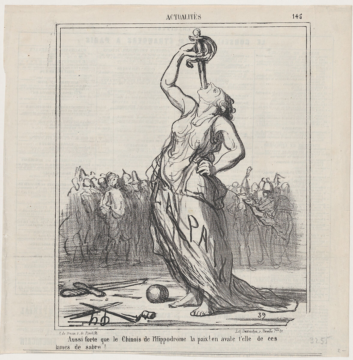 Peace, as strong as the Chinese at the hippodrome... will she also be able to swallow sabre blades?, from 'News of the day,' published in "Le Charivari", Honoré Daumier (French, Marseilles 1808–1879 Valmondois), Lithograph on newsprint; second state of two (Delteil) 