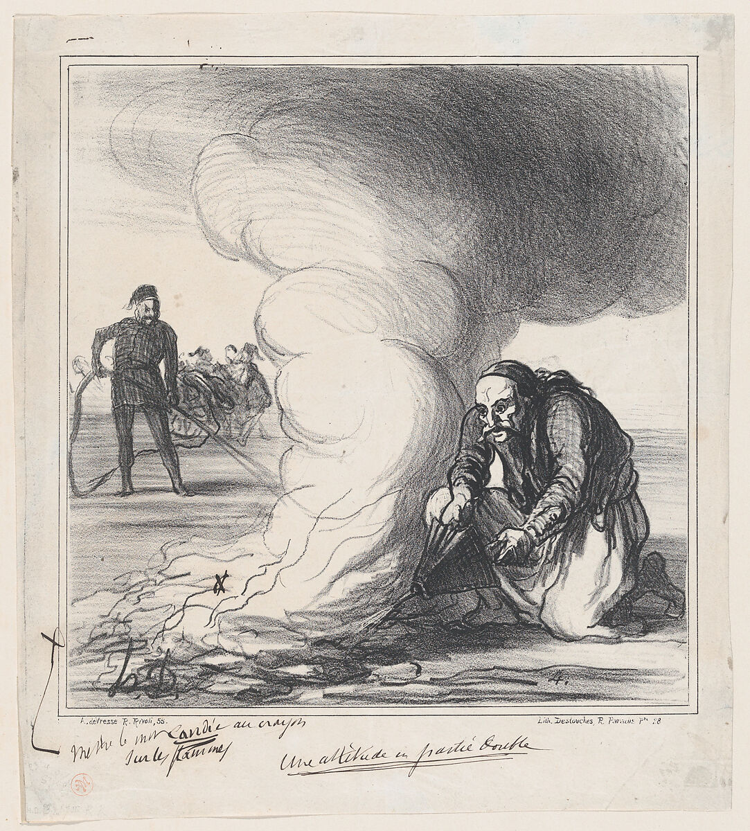 A treacherous attitude, from 'News of the day,' published in "Le Charivari", Honoré Daumier (French, Marseilles 1808–1879 Valmondois), Lithograph and pen and brown ink on newsprint; second state of three, proof (Delteil) 