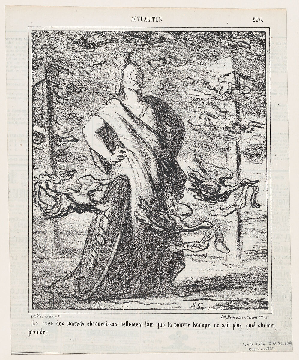 The cloud of ducks obscures the sky so much that poor Europe does not know which road to take, from 'News of the day,' published in Le Charivari, October 22, 1867, Honoré Daumier (French, Marseilles 1808–1879 Valmondois), Lithograph on newsprint; fourth state of four (Delteil) 