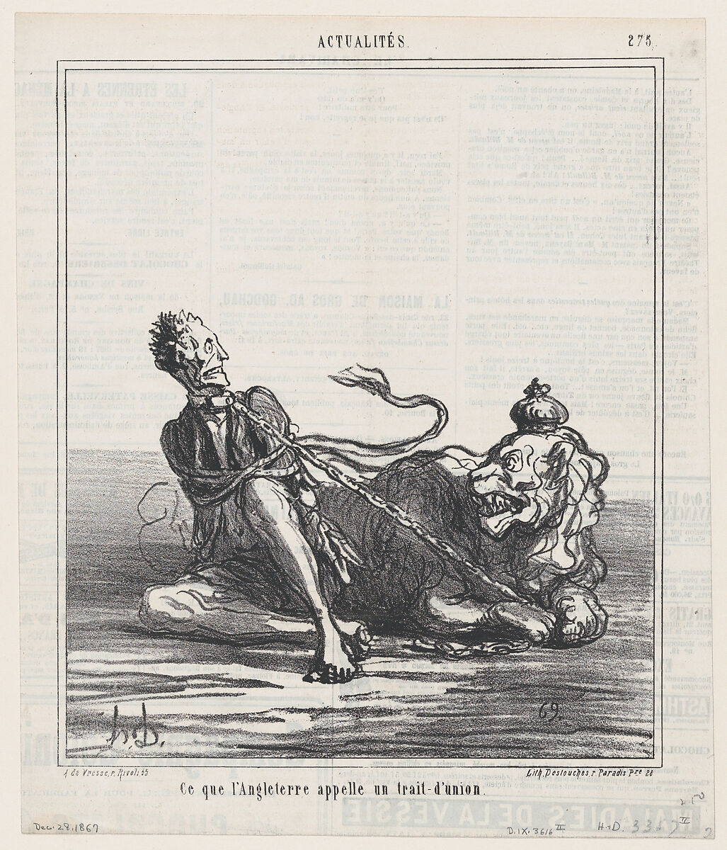 This is what England calls a joint union, from 'News of the day,' published in Le Charivari, December 28, 1867, Honoré Daumier (French, Marseilles 1808–1879 Valmondois), Lithograph on newsprint; second state of two (Delteil) 