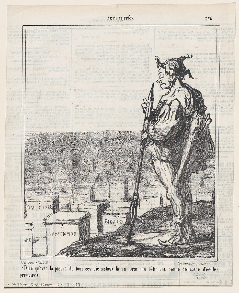 To think that one would have been able to build a dozen primary schools with the stone of all these pedestals, from "News of the Day", Honoré Daumier (French, Marseilles 1808–1879 Valmondois), Lithograph on newsprint; second state of two (Delteil) 