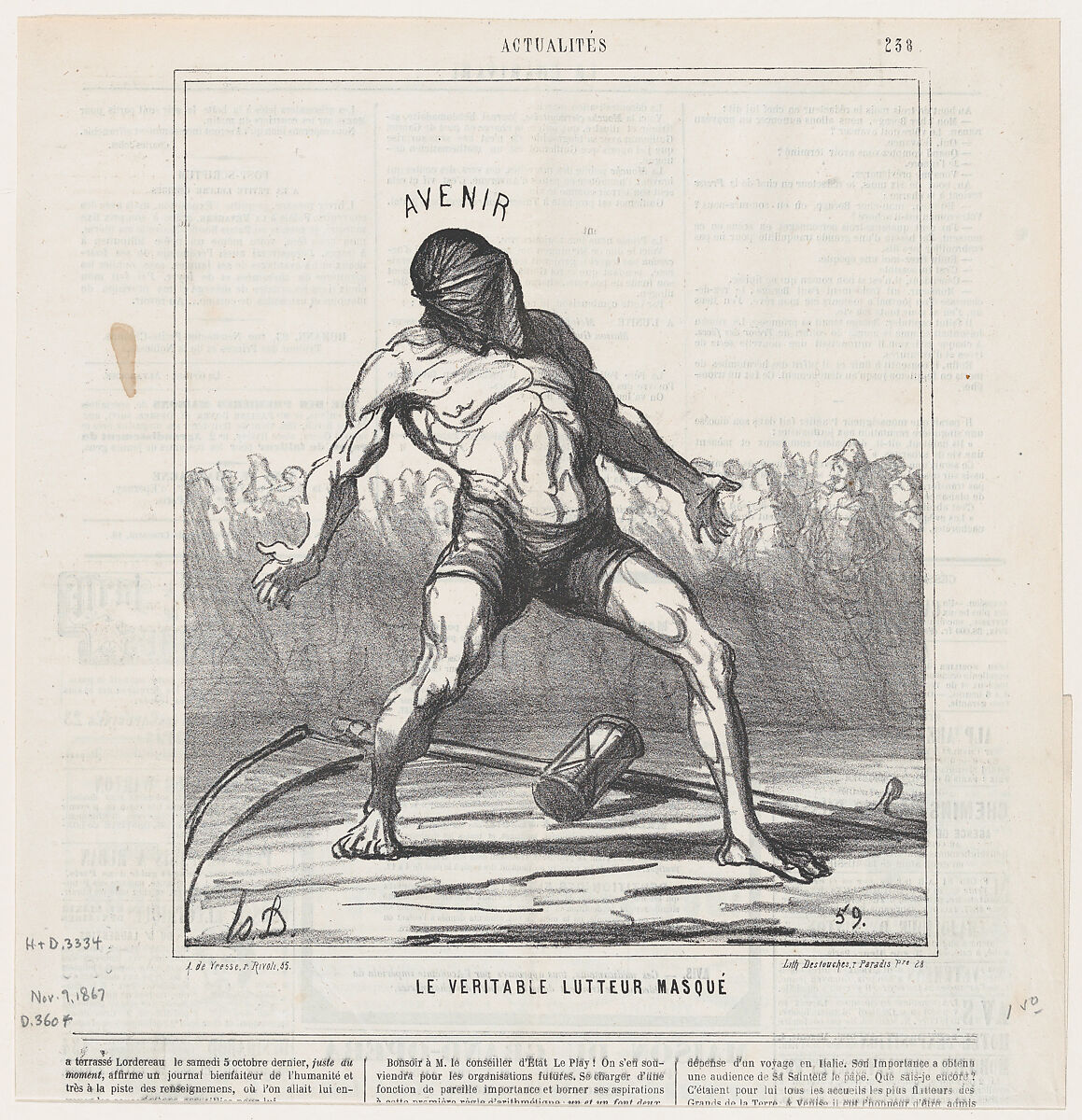 The real masked fighter, from 'News of the day,' published in Le Charivari, November 9, 1867, Honoré Daumier (French, Marseilles 1808–1879 Valmondois), Lithograph on newsprint; third state of three (Delteil) 