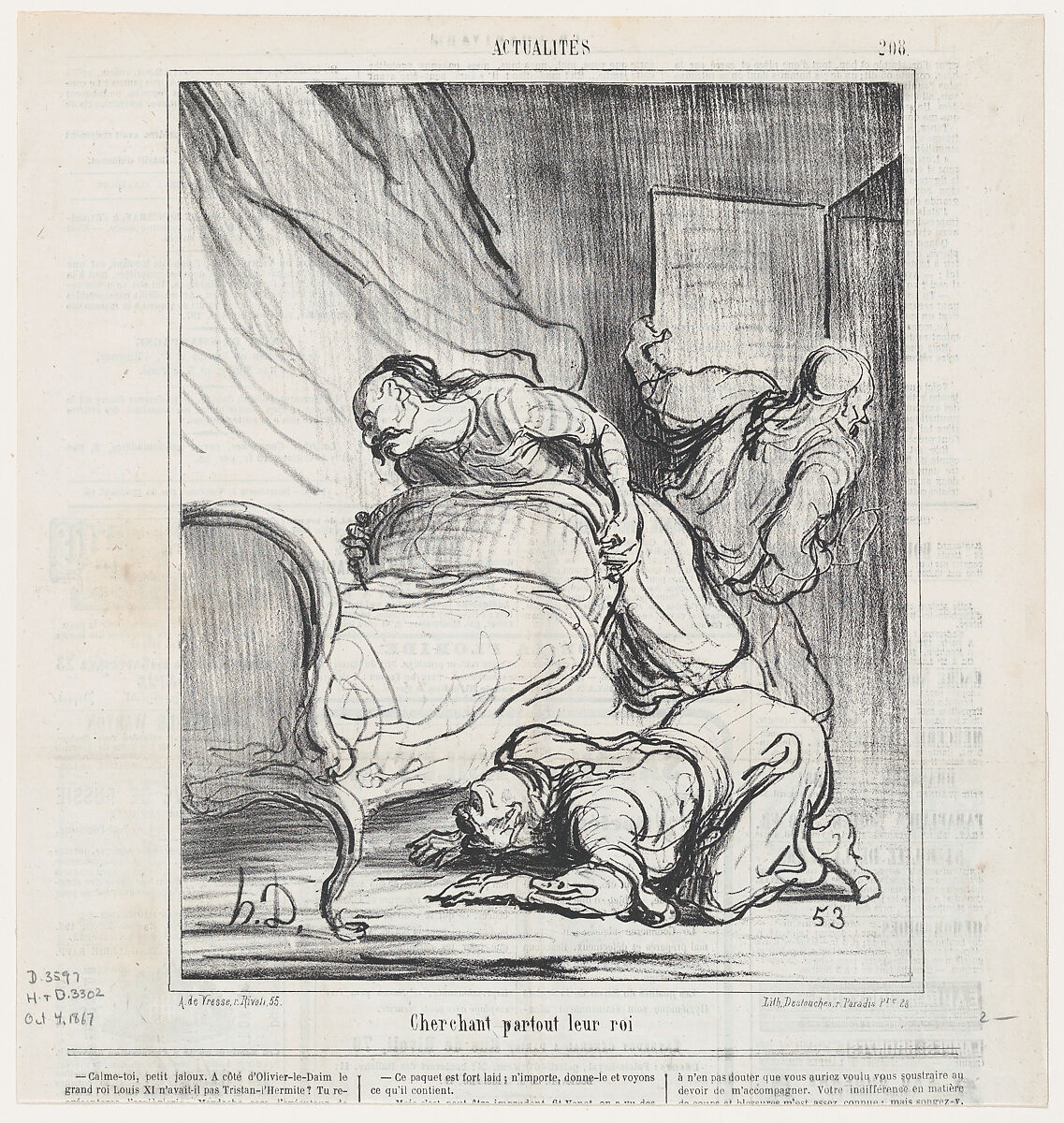 Looking everywhere for their king, from 'News of the day,' published in Le Charivari, October 4, 1867, Honoré Daumier (French, Marseilles 1808–1879 Valmondois), Lithograph on newsprint; third state of three (Delteil) 