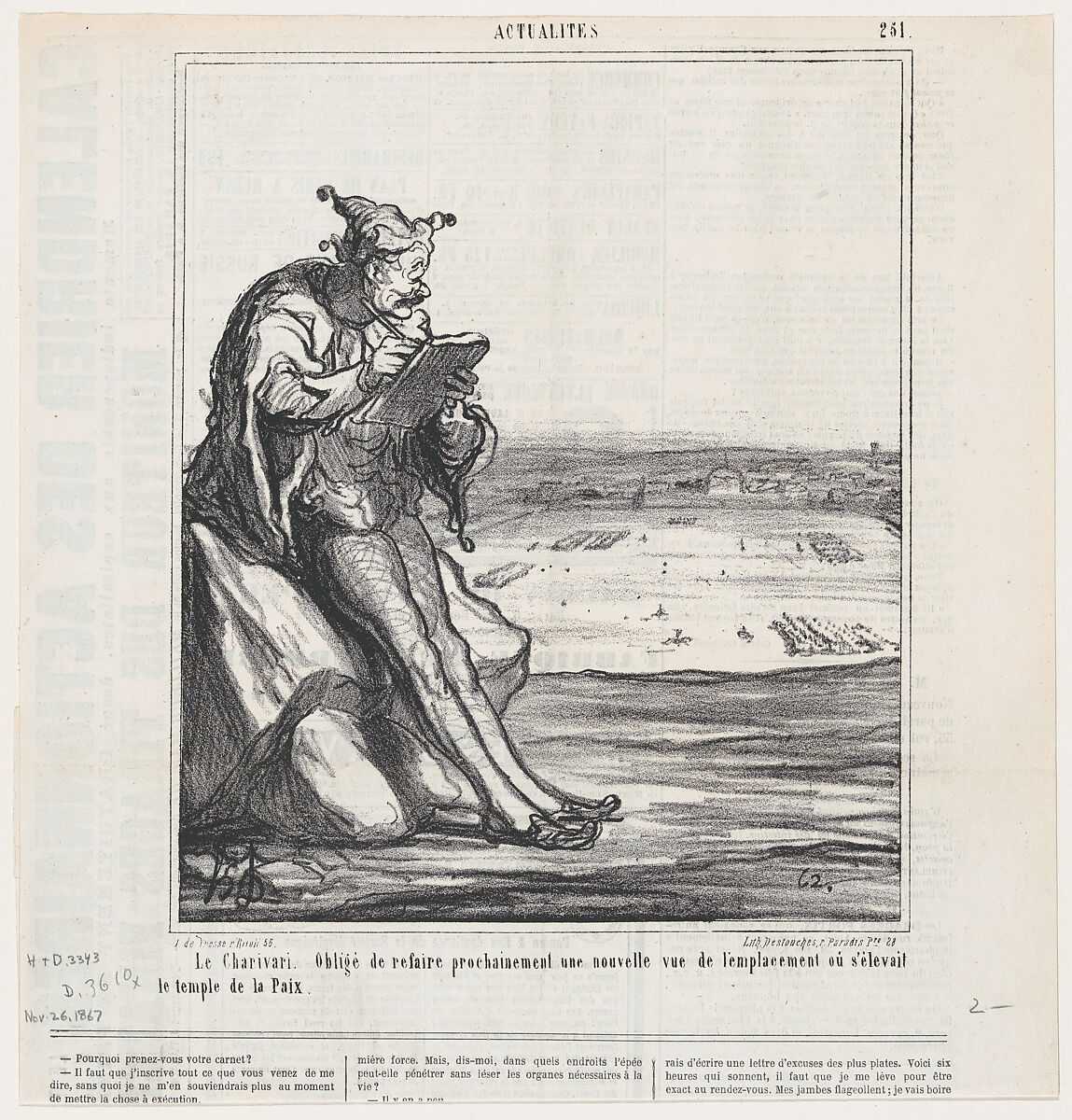 The Charivari. Forced to draw a new map of an area now used for manoeuvres, which used to be the location of the "Temple of Peace," from 'News of the day,' published in Le Charivari, November 26, 1867, Honoré Daumier (French, Marseilles 1808–1879 Valmondois), Lithograph on newsprint; third state of three (Delteil) 