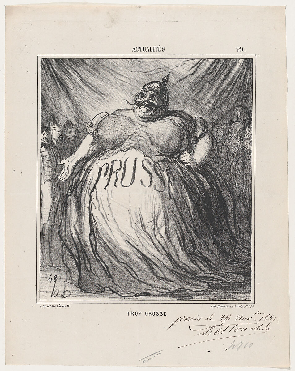 Too fat, from 'News of the day,' published in Le Charivari, November 16, 1867, Honoré Daumier (French, Marseilles 1808–1879 Valmondois), Lithograph and pen and brown ink on newsprint; third state of three, proof (Delteil) 