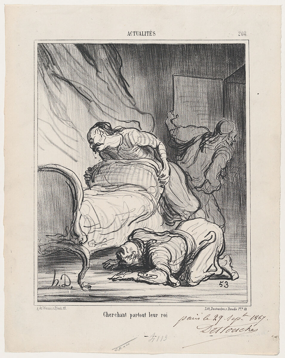 Looking everywhere for their king, from 'News of the day,' published in Le Charivari, October 4, 1867, Honoré Daumier (French, Marseilles 1808–1879 Valmondois), Lithograph and pen and brown ink on newsprint; third state of three, proof (Delteil) 