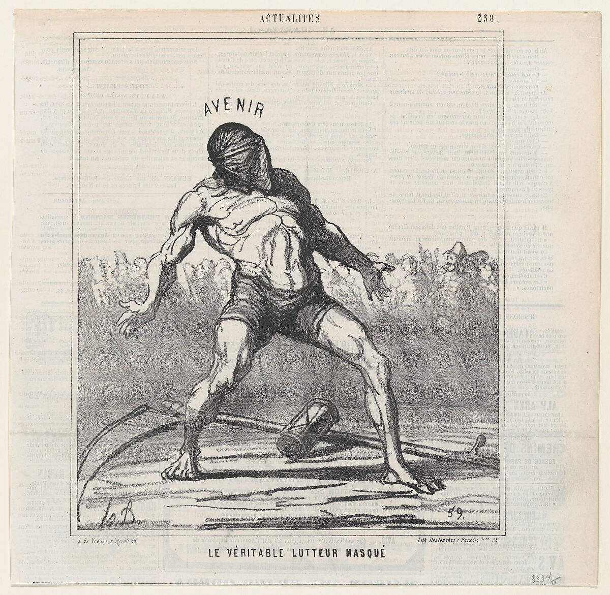 The real masked fighter, from 'News of the day,' published in "Le Charivari", Honoré Daumier (French, Marseilles 1808–1879 Valmondois), Lithograph on newsprint; third state of three (Delteil) 