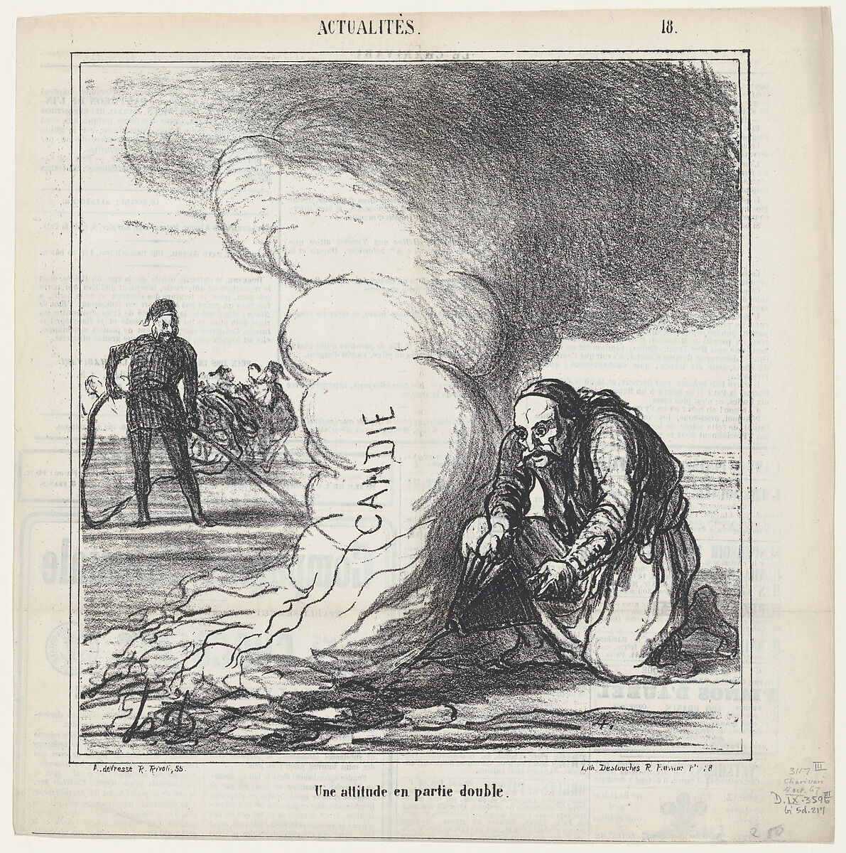 A treacherous attitude, from 'News of the day,' published in Le Charivari, October 4, 1867, Honoré Daumier (French, Marseilles 1808–1879 Valmondois), Lithograph on newsprint; third state of three (Delteil) 