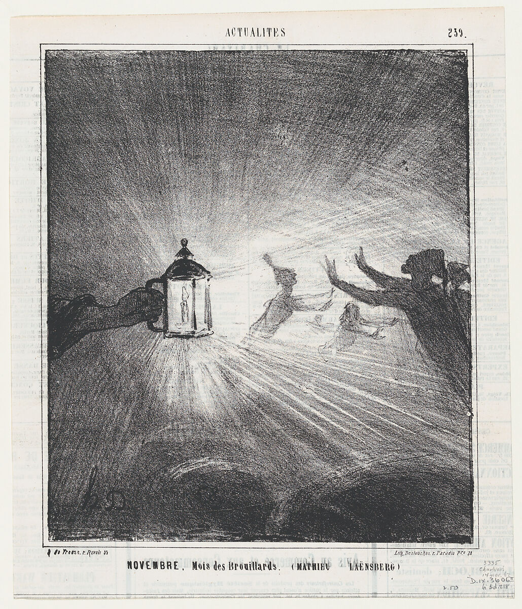 November, month of fog (Matthieu de Laensberg), from 'News of the day,' published in Le Charivari, November 14, 1867, Honoré Daumier (French, Marseilles 1808–1879 Valmondois), Lithograph on newsprint; second state of two (Delteil) 