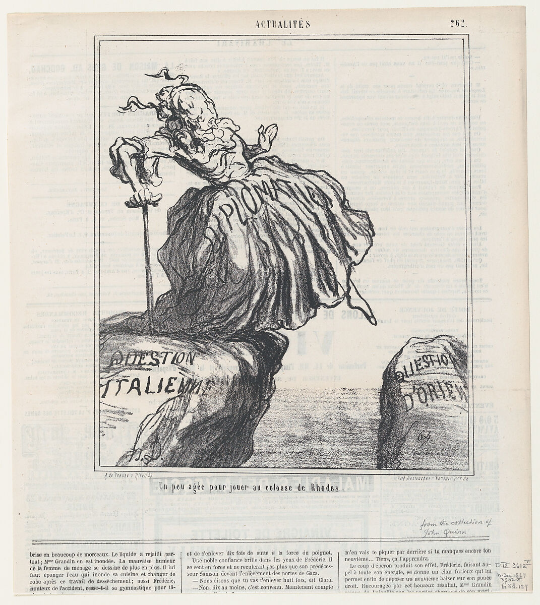 A bit too old to play "Colossus of Rhodes," from 'News of the day,' published in Le Charivari, December 10, 1867, Honoré Daumier (French, Marseilles 1808–1879 Valmondois), Lithograph on newsprint; second state of two (Delteil) 