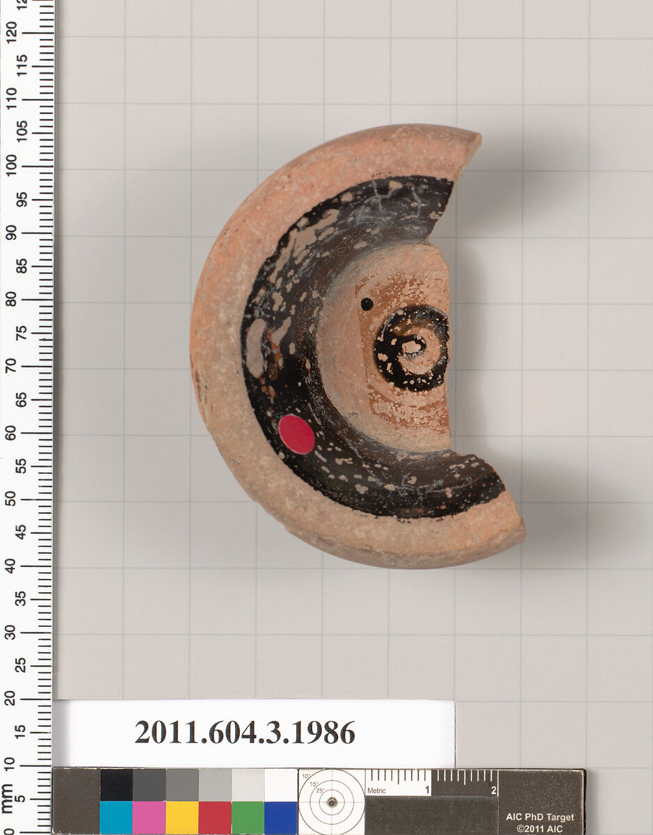Terracotta fragment of a stemless cup (drinking cup), Terracotta, Greek, Attic