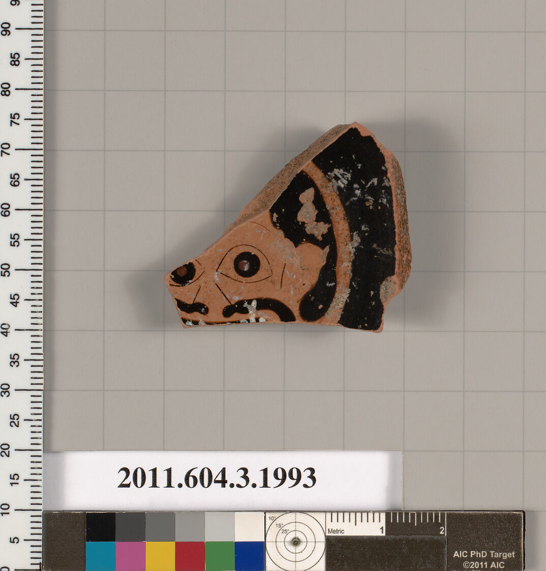 Terracotta fragment of a stemless cup (drinking cup), Terracotta, Greek, Attic 
