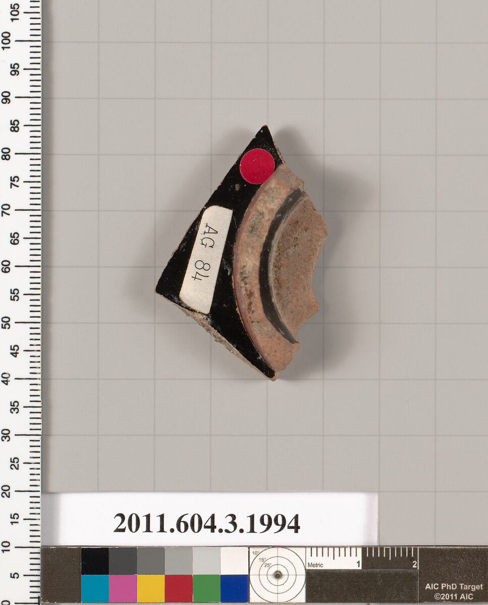 Terracotta fragment of a kylix (drinking cup), Terracotta, Greek, Attic