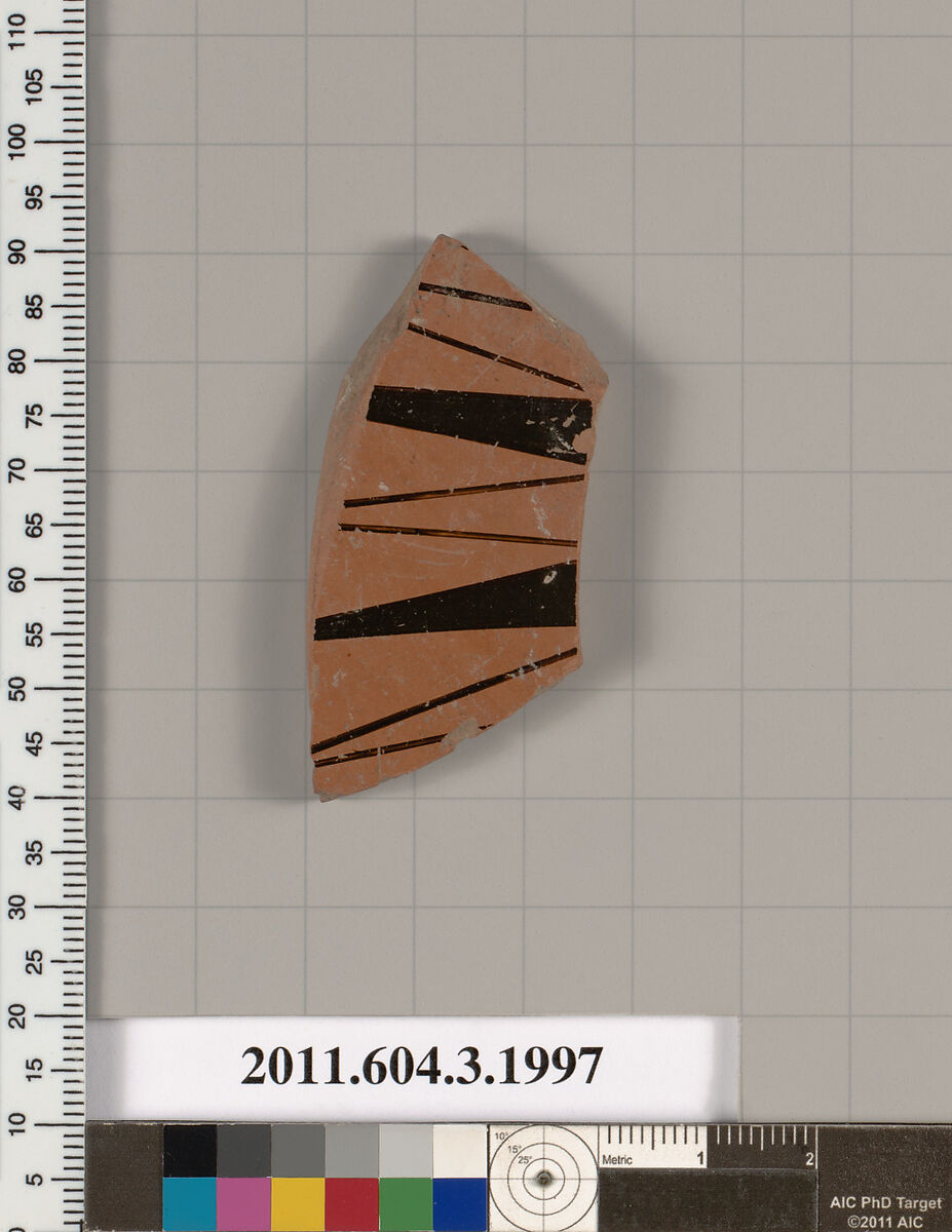 Terracotta fragment of a kylix (drinking cup), Terracotta, Greek, Attic