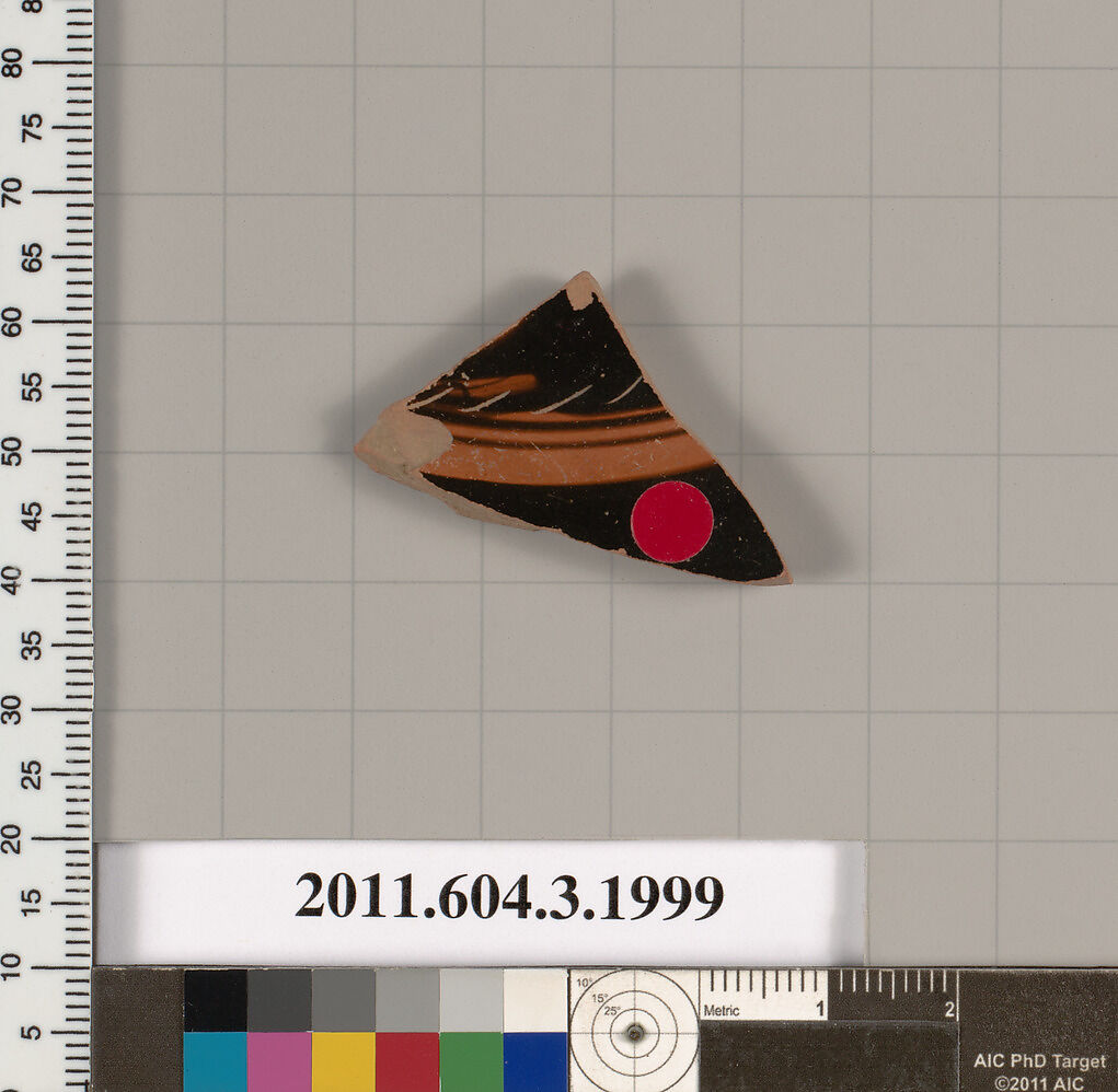 Terracotta fragment of a kylix (drinking cup), Terracotta, Greek, Attic 