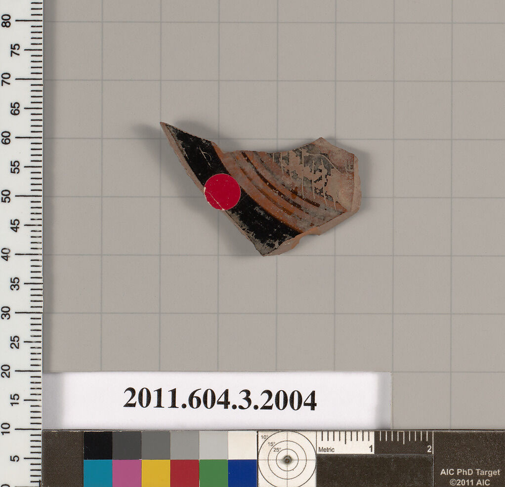 Terracotta fragment of a kylix (drinking cup), Terracotta, Greek, Attic 