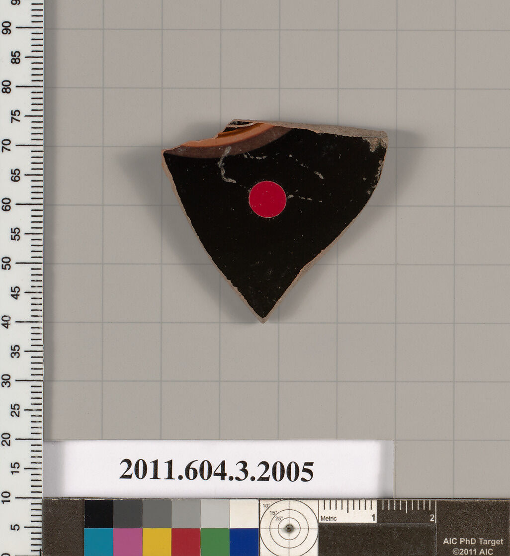 Terracotta fragment of a kylix (drinking cup), Terracotta, Greek, Attic 