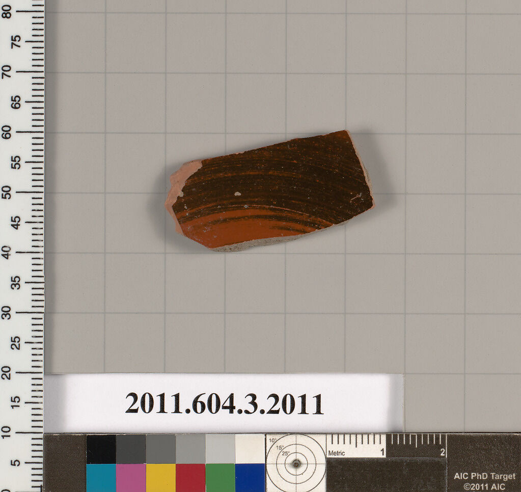 Terracotta fragment of a kylix (drinking cup), Terracotta, Greek, Attic