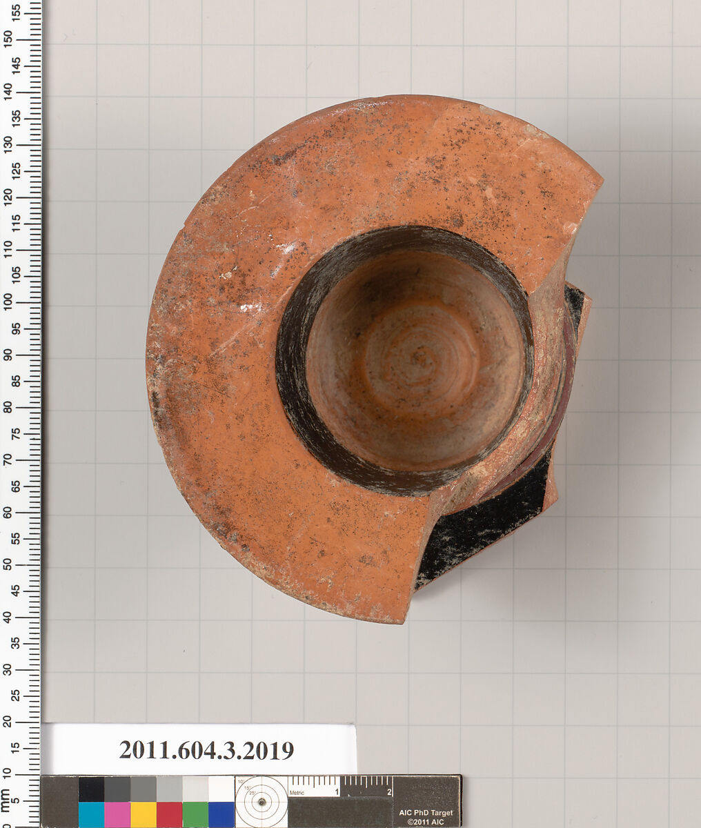 Terracotta fragment of a kylix (drinking cup), Terracotta, Greek, Attic