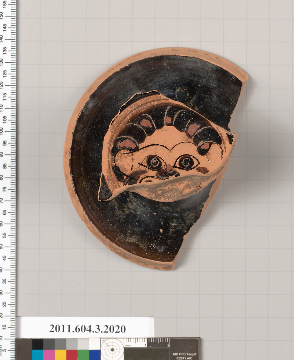 Terracotta fragment of a kylix (drinking cup), Terracotta, Greek, Attic 