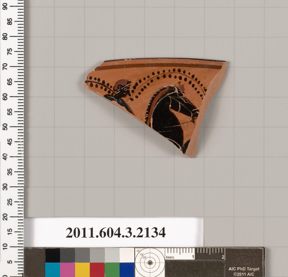 Terracotta rim fragment of a kylix (drinking cup), Terracotta, Greek, Attic 