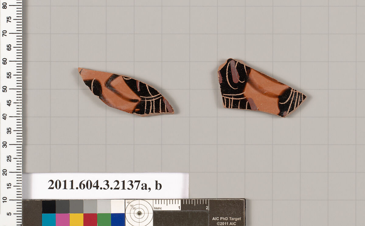 Terracotta fragments of a kylix (drinking cup), Terracotta, Greek, Attic 