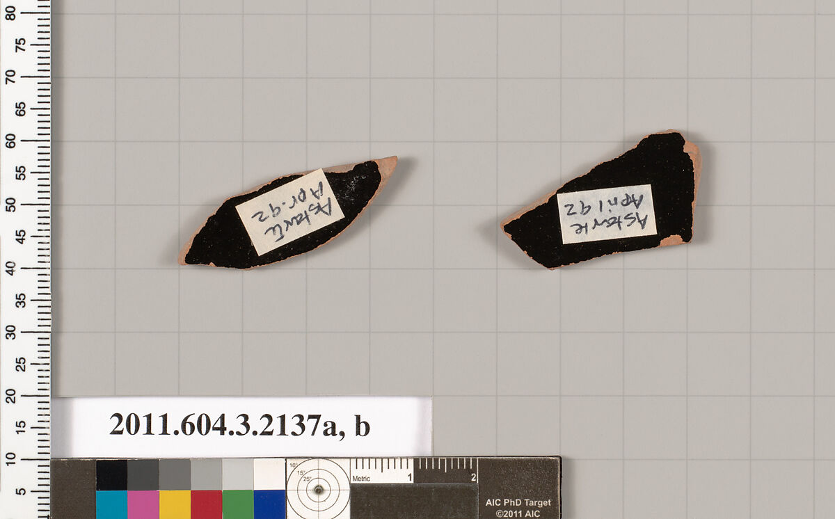 Terracotta fragments of a kylix (drinking cup), Terracotta, Greek, Attic
