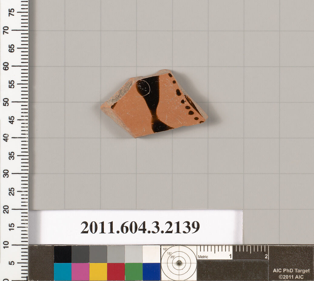 Terracotta fragment of a kylix (drinking cup), Terracotta, Greek, Attic 