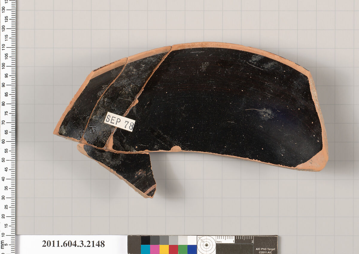 Terracotta rim fragment of a kylix (drinking cup), Terracotta, Greek, Attic
