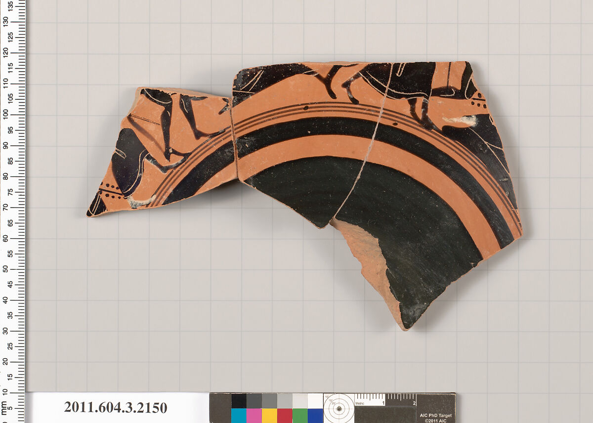 Terracotta fragment of a kylix (drinking cup), Terracotta, Greek, Attic