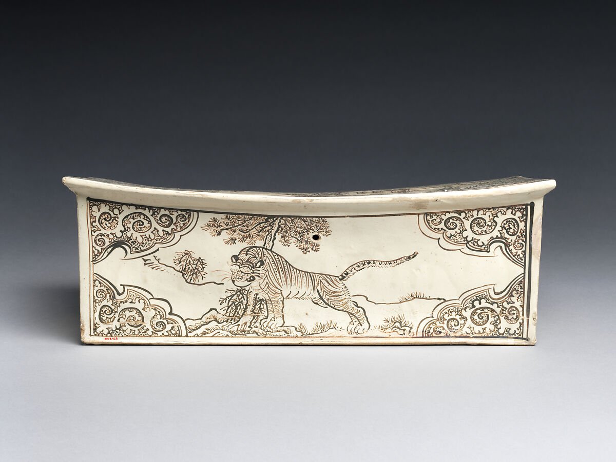 Pillow with landscapes featuring Daoist figures and a tiger, Zhang family workshop, Stoneware with painted decoration over white slip under clear glaze (Cizhou ware), China