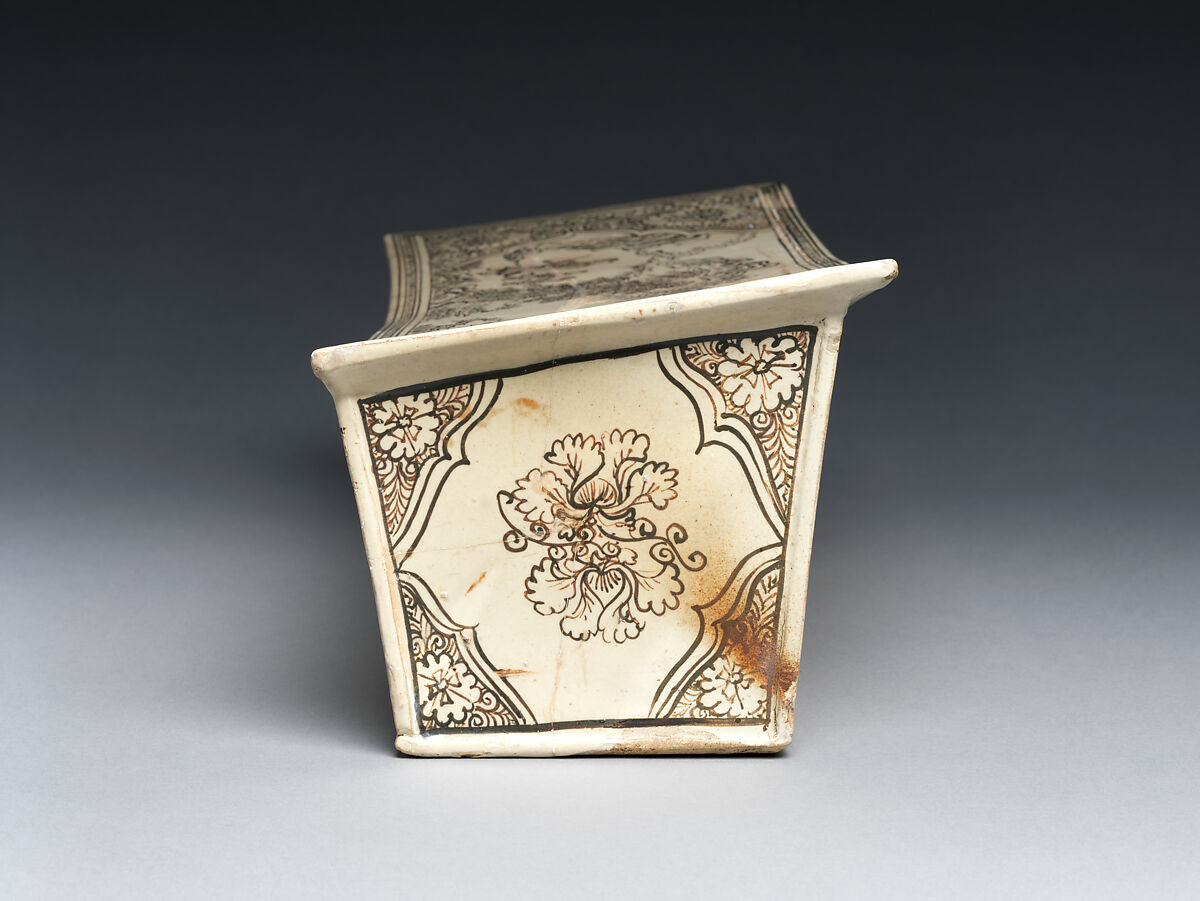 Pillow with landscapes featuring Daoist figures and a tiger, Zhang family workshop, Stoneware with painted decoration over white slip under clear glaze (Cizhou ware), China