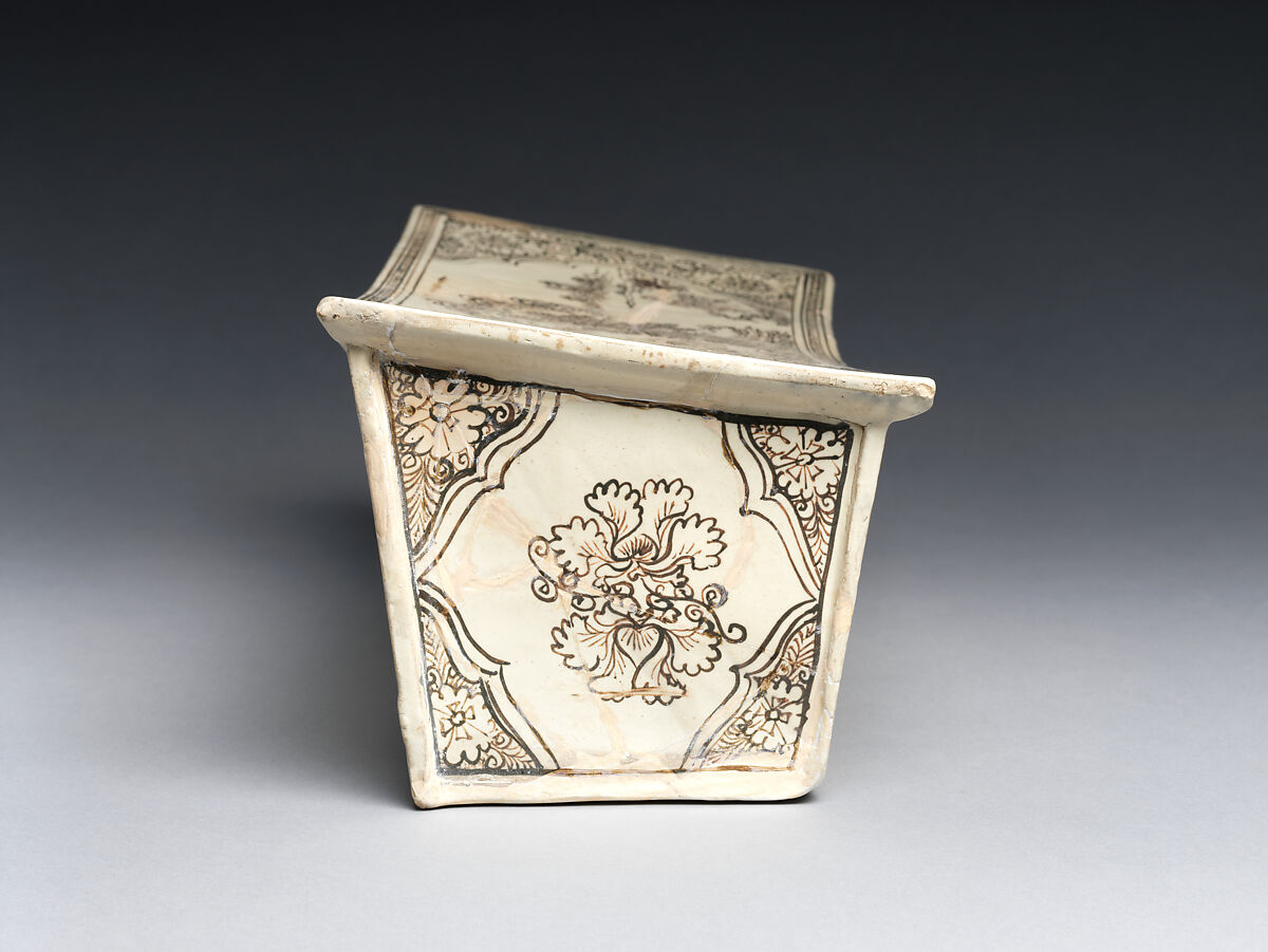 Pillow with landscapes featuring Daoist figures and a tiger, Zhang family workshop, Stoneware with painted decoration over white slip under clear glaze (Cizhou ware), China