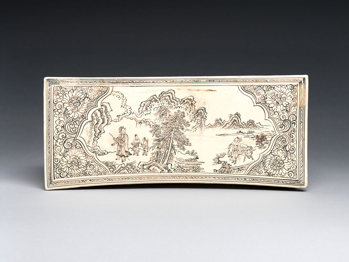 Pillow with landscapes featuring Daoist figures and a tiger, Zhang family workshop, Stoneware with painted decoration over white slip under clear glaze (Cizhou ware), China