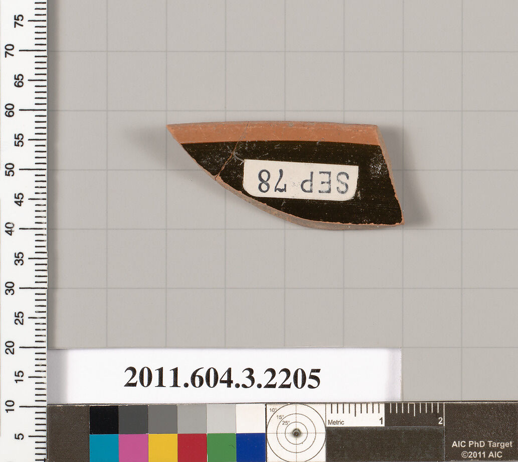 Terracotta rim fragment of a kylix (drinking cup), Terracotta, Greek, Attic