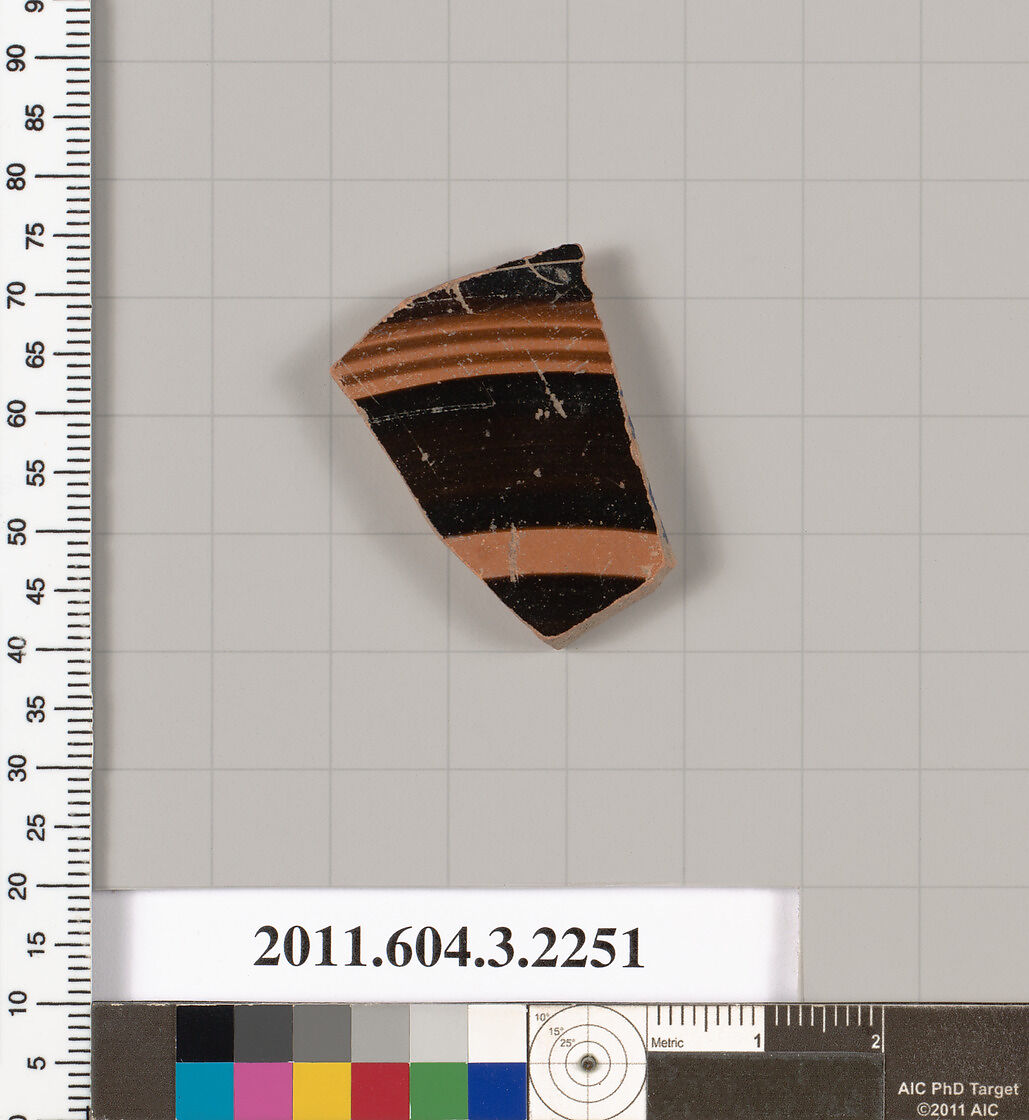 Terracotta fragment of a kylix (drinking cup), Terracotta, Greek, Attic