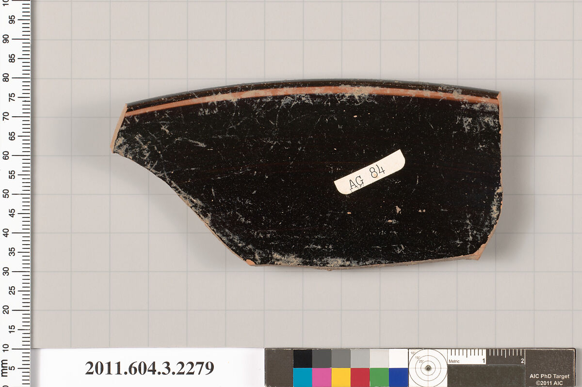 Terracotta rim fragment of a kylix: eye-cup (drinking cup), Terracotta, Greek, Attic