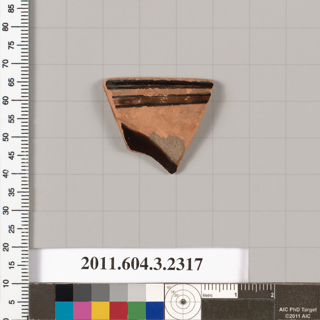 Terracotta rim fragment of a kylix: eye-cup (drinking cup), Terracotta, Greek, Attic